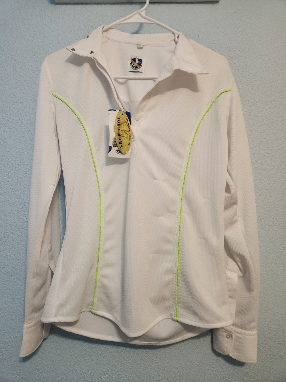 Women’s Show Shirt: White Long Sleeve Shirt with Lime Green Trim- LG